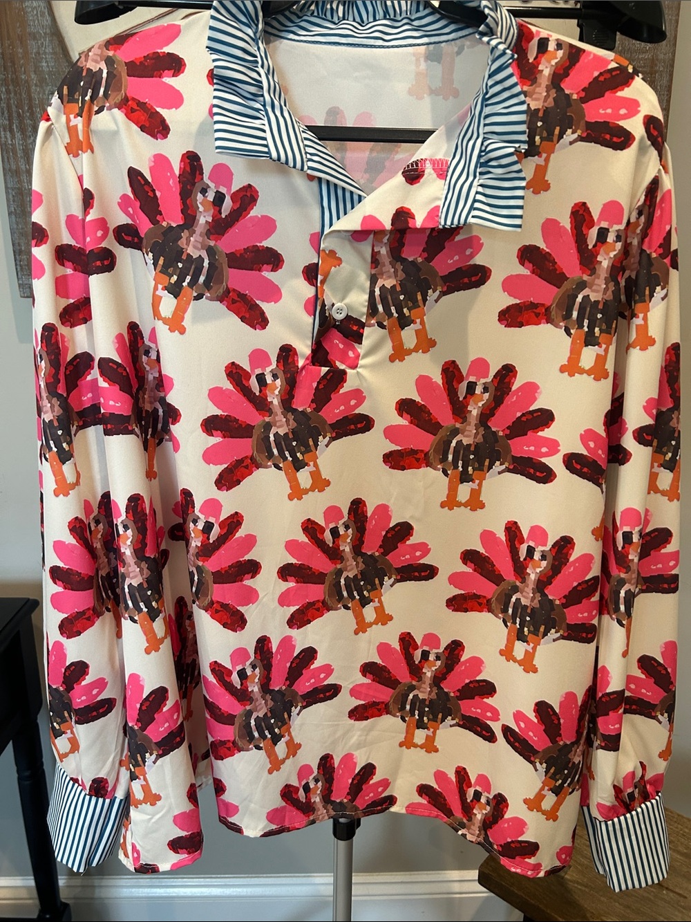 SHEIN Cream Blouse with Pink and Orange Turkey Print Size 3XL/ Thanksgiving top